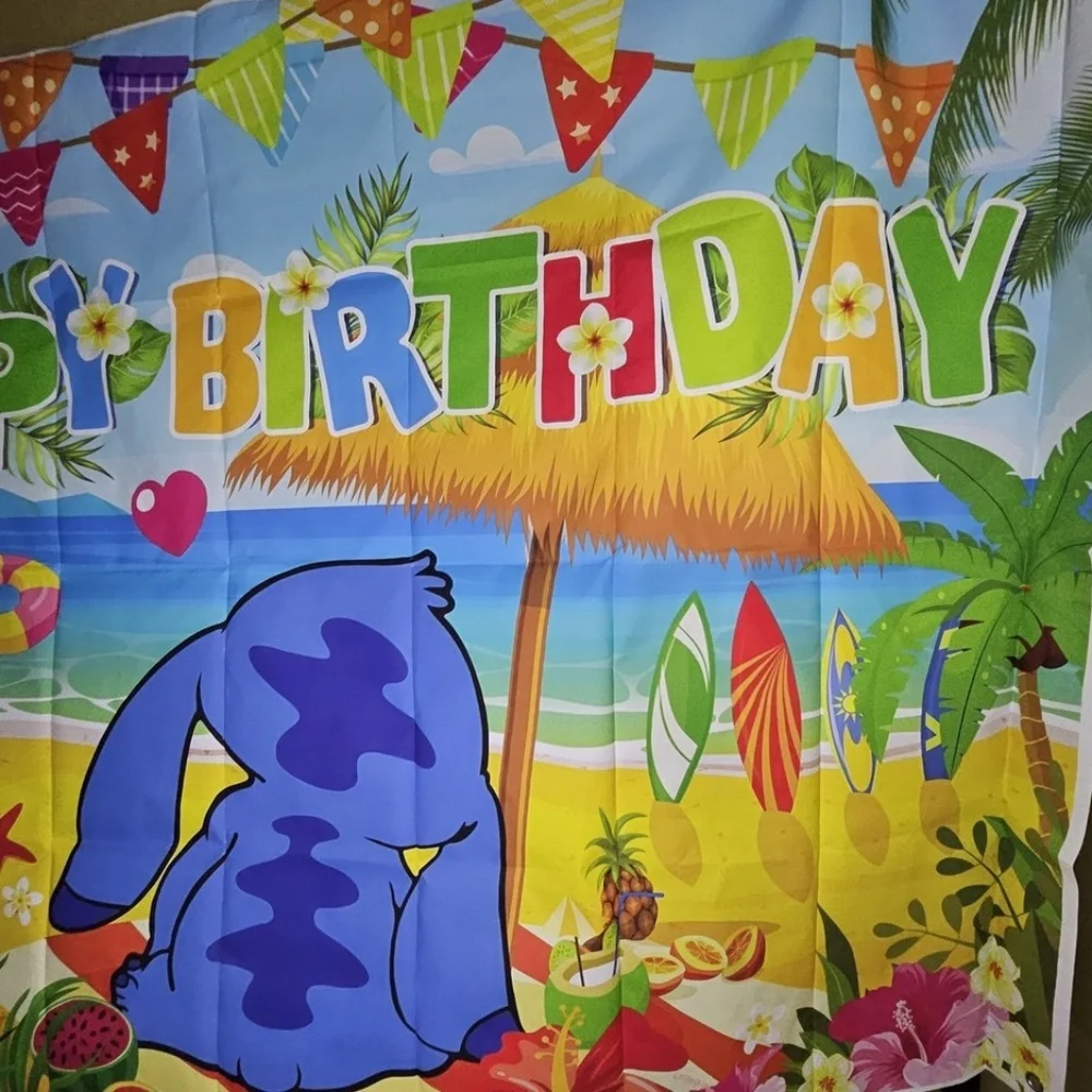 New Stitch Happy Birthday Party Decoration Backdrop Prop Hawaiian Beach Tropical